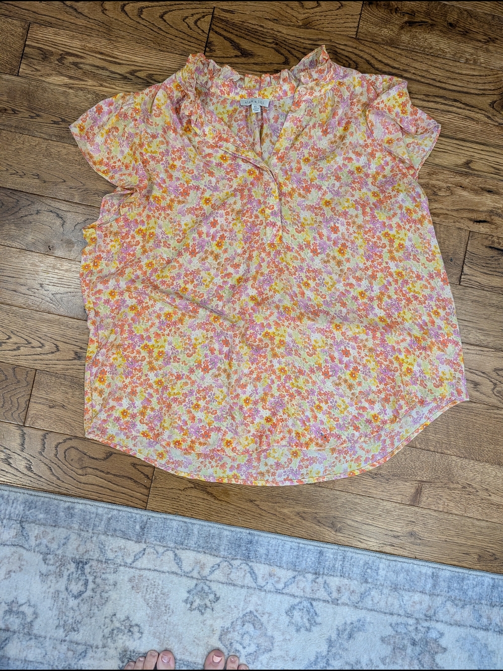 Floral Ruffle Cap-Sleeve Blouse - Pink/Yellow -